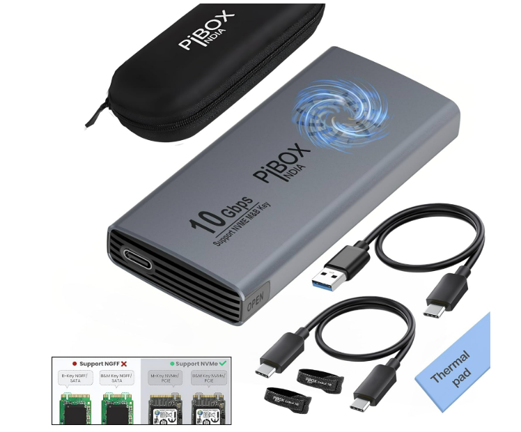 PiBOX India NVME M2 Enclosure Fan, SSD Enclosure - USB 3.2 1